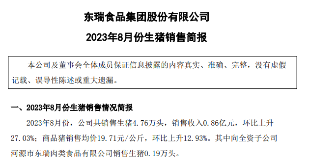 罗牛山、东瑞和正虹2023年8月生猪销售情况
