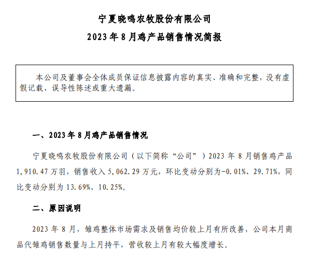 晓鸣和圣农2023年8月鸡苗和鸡肉销售情况