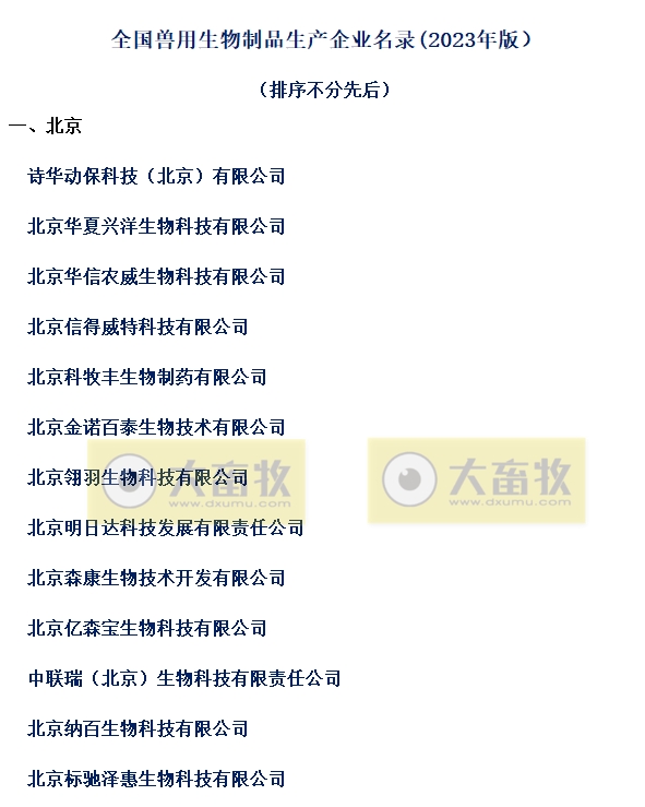 国内最新兽用生物制品生产企业名录（2023年版）