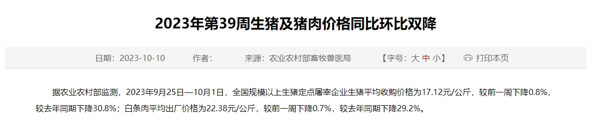 2023年第39周生猪及猪肉价格同比环比双降，震荡偏弱运行