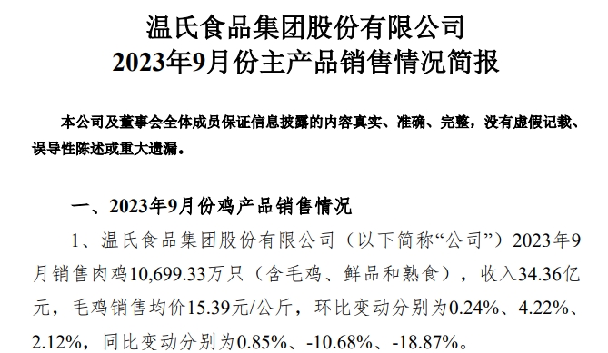 温氏、立华和湘佳2023年9月及前三季度肉鸡销售情况
