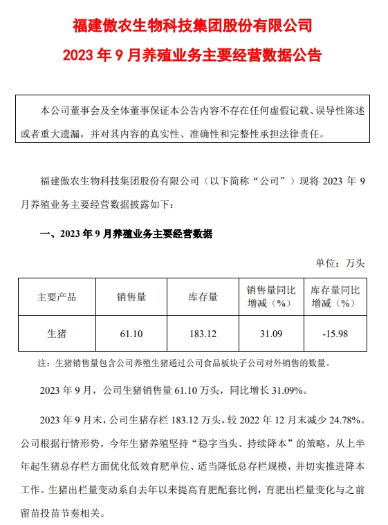 傲农生物：9月生猪销量创历史最高纪录，生猪存栏量较年初减少25%