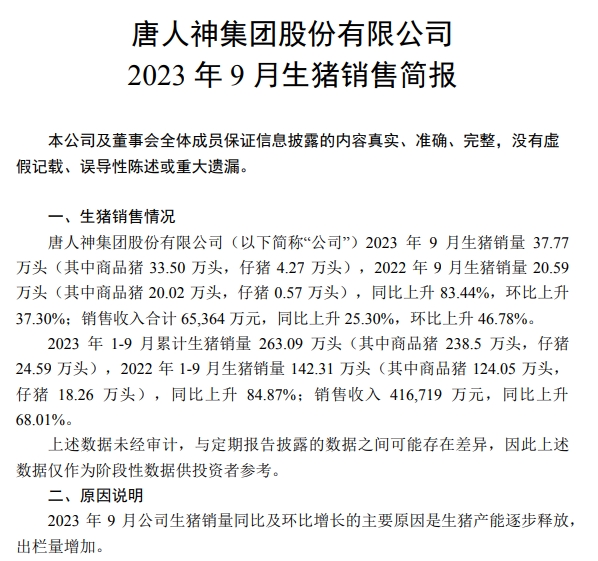 唐人神:9月生猪销量和收入均创历史新高,单月收入首次突破6亿元