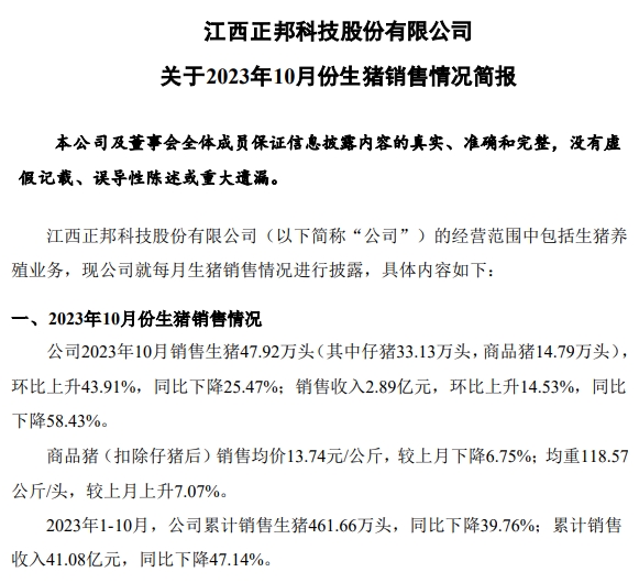 新希望、正邦、大北农和傲农2023年10月生猪销售情况