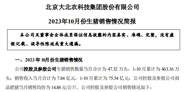 新希望、正邦、大北农和傲农2023年10月生猪销售情况