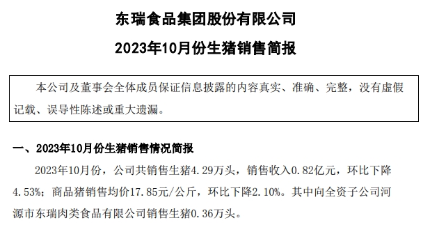 立华、东瑞、正虹和益生2023年10月生猪销售情况