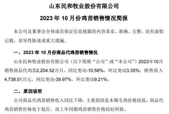 益生、民和和晓鸣2023年10月鸡苗销售情况