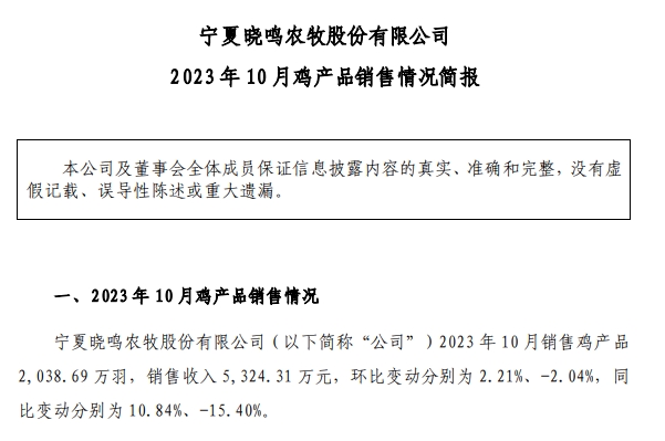 益生、民和和晓鸣2023年10月鸡苗销售情况