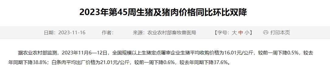 2023年第45周生猪及猪肉价格同环比双降，11月中下旬猪价或仍偏弱月底或有回暖可能