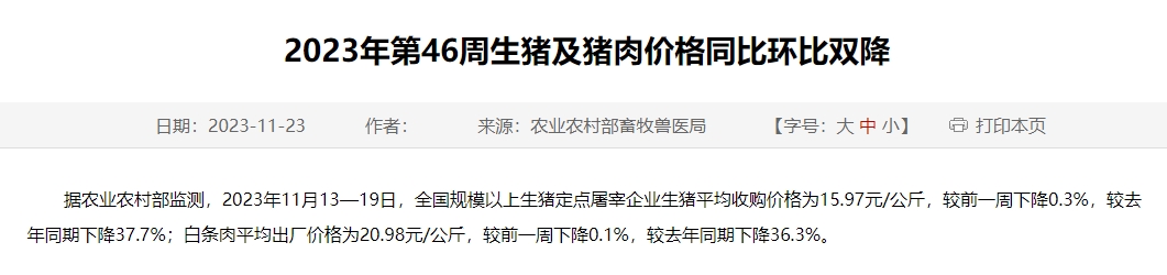 2023年第46周生猪及猪肉价格同比环比双降,短期行情震荡偏强运行,但涨幅空间有限