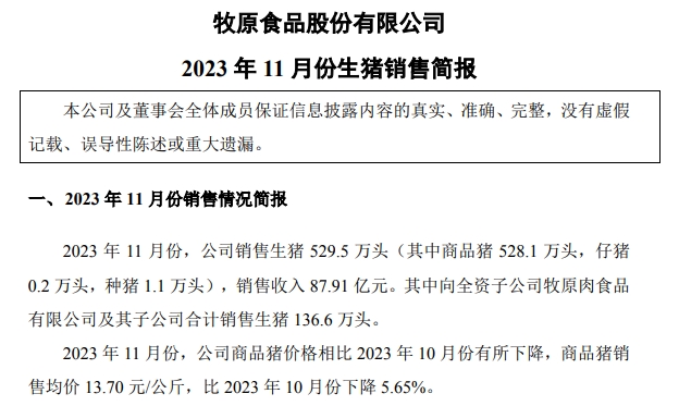 牧原股份:11月生猪销量约530万头,仔猪销量为2000头,同时调低今年生猪出栏目标