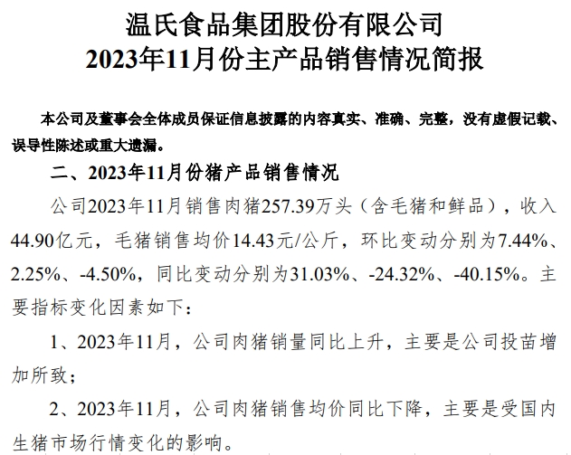 温氏股份2023年11月肉猪和肉鸡销售情况