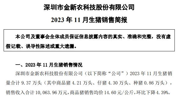 种猪销量出现大幅增长——金新农2023年11月生猪销售情况