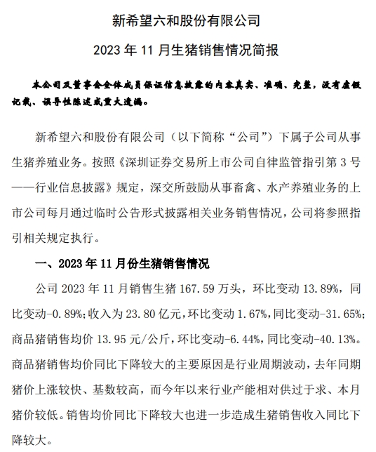 新希望：11月生猪销量168万头环增14%，前11月生猪收入超250亿元增长4.3%