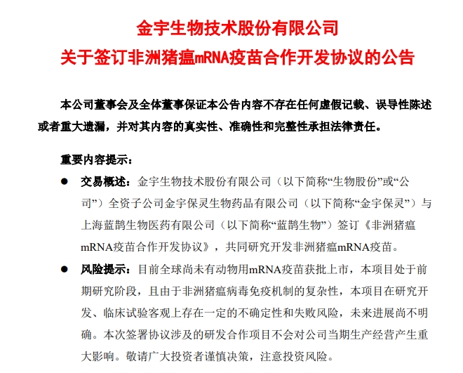 非瘟疫苗取得实验室初步研究成果，金宇与上海蓝鹊生物签订非洲猪瘟mRNA疫苗合作开发协议
