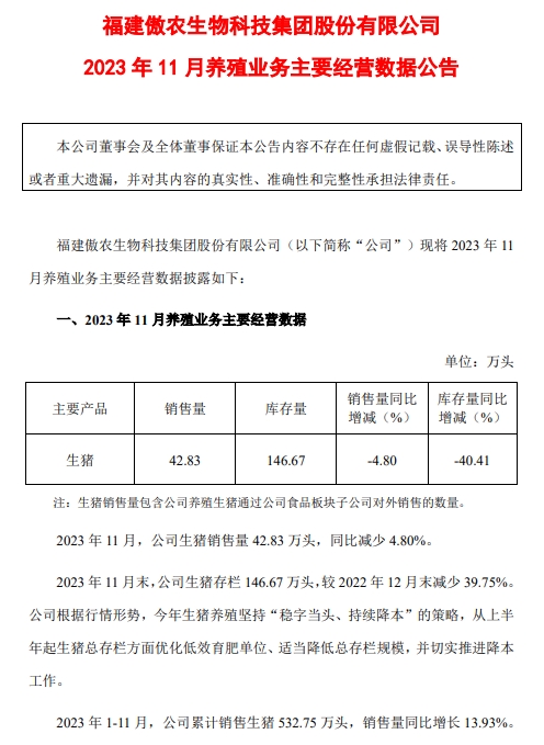 傲农、天康、东瑞和罗牛山2023年11月生猪销售情况