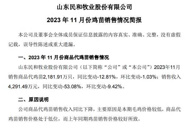 益生、民和和晓鸣2023年11月鸡苗销售情况