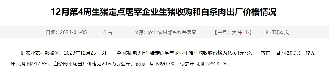 2023年12月及年度全国生猪定点屠宰企业生猪收购和白条肉出厂价格情况