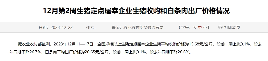 2023年12月及年度全国生猪定点屠宰企业生猪收购和白条肉出厂价格情况