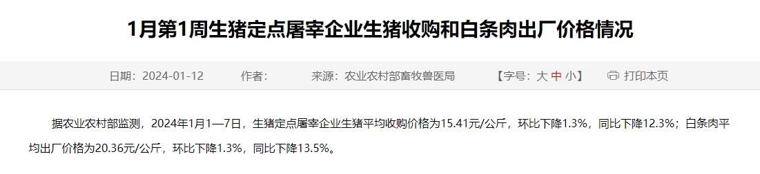 2024年1月第1周生猪定点屠宰企业生猪收购和白条肉出厂价格情况