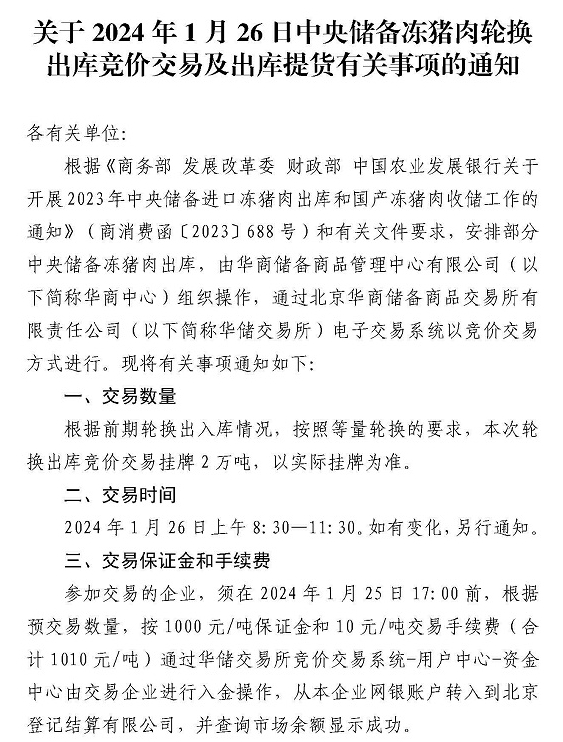 华储网：1月26日中央储备冻猪肉收储竞价交易3.2万吨