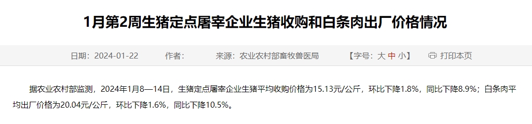 2024年1月第2周生猪定点屠宰企业生猪收购和白条肉出厂价格情况