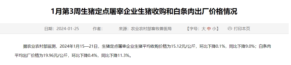 2024年1月第3周生猪定点屠宰企业生猪收购和白条肉出厂价格情况