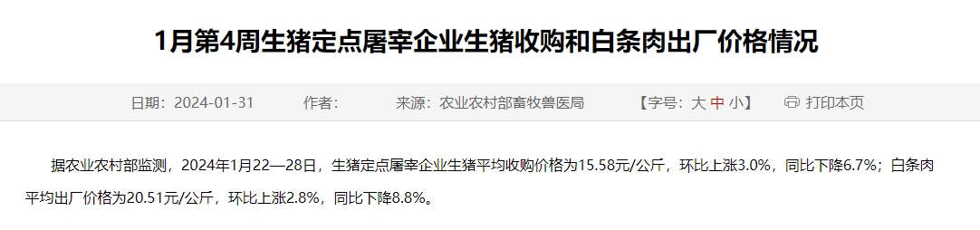 2024年1月第4周生猪定点屠宰企业生猪收购和白条肉出厂价格情况