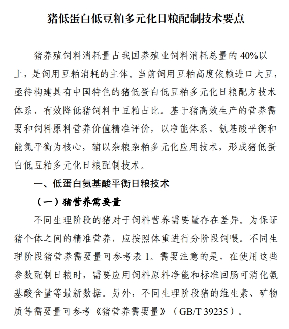官方发布《猪低蛋白低豆粕多元化日粮配制技术要点》