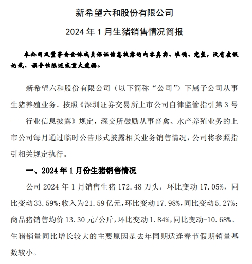 温氏、新希望和天邦2024年1月生猪销售情况