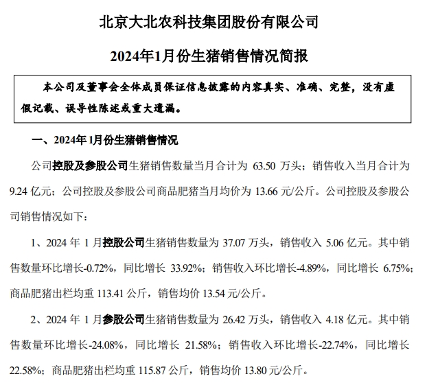 大北农、正邦和中粮2024年1月生猪销售情况