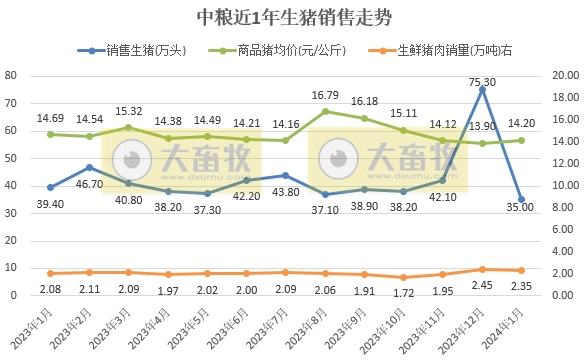大北农、正邦和中粮2024年1月生猪销售情况