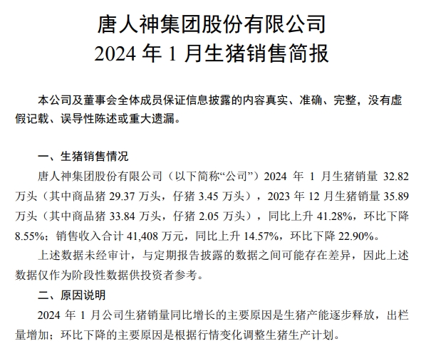 唐人神、华统、天康和京基2024年1月生猪销售情况