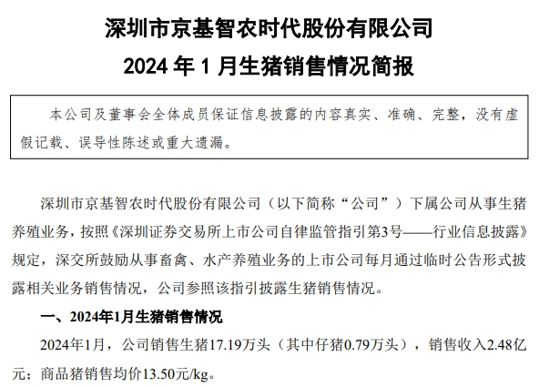 唐人神、华统、天康和京基2024年1月生猪销售情况