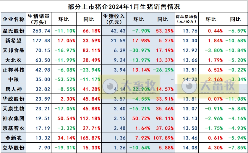 神农和金新农2024年1月生猪销售情况
