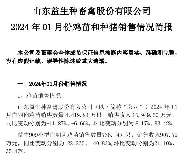益生股份：1月鸡苗价格出现大幅增长，种猪销量创新高