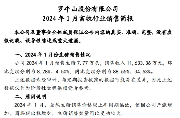 罗牛山2024年1月生猪销售情况