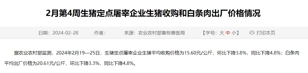 2024年2月第4周生猪定点屠宰企业生猪收购和白条肉出厂价格情况