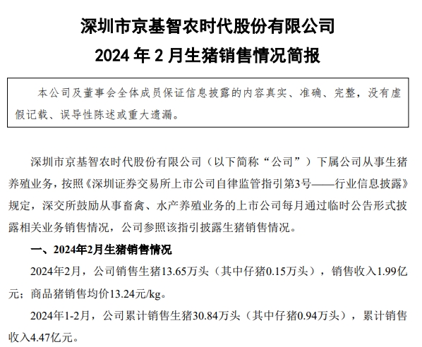 傲农、天康和京基2024年1-2月生猪销售情况