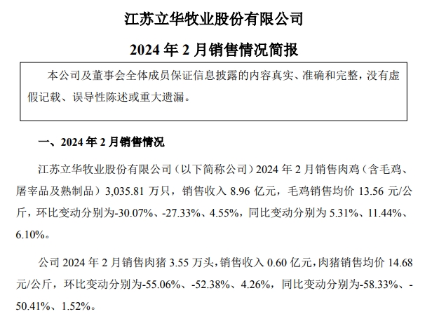 立华股份2024年2月肉鸡和肉猪销售情况