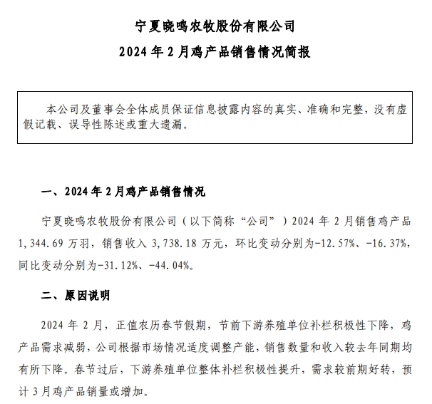 晓鸣和仙坛2024年2月家禽销售情况