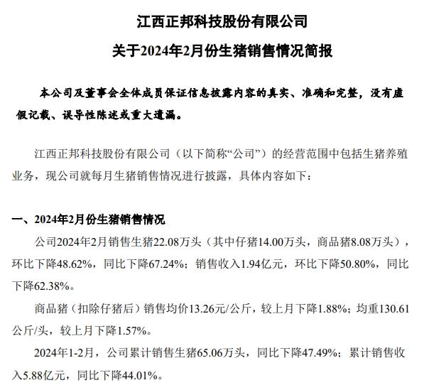 正邦、中粮和益生2024年1-2月生猪销售情况