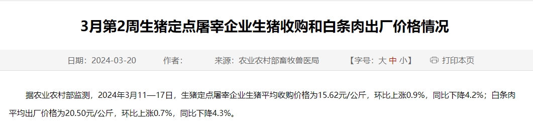 2024年3月第2周生猪定点屠宰企业生猪收购和白条肉出厂价格情况