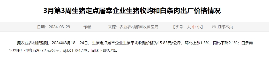 2024年3月第3周生猪定点屠宰企业生猪收购和白条肉出厂价格情况