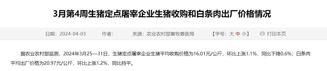 2024年3月第4周生猪定点屠宰企业生猪收购和白条肉出厂价格情况
