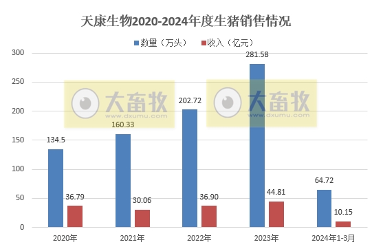 大北农、唐人神和天康2024年3月及1季度生猪销售情况