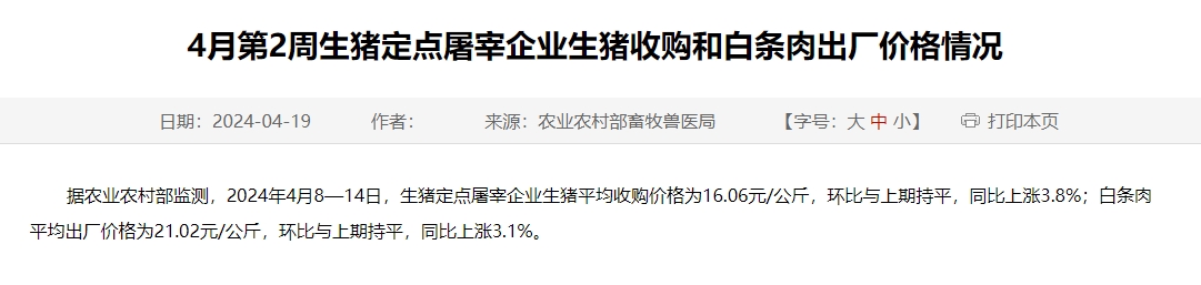 2024年4月第2周生猪定点屠宰企业生猪收购和白条肉出厂价格情况