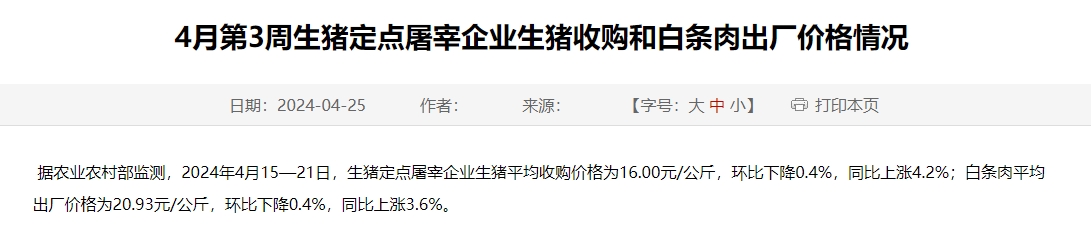 2024年4月第3周生猪定点屠宰企业生猪收购和白条肉出厂价格情况