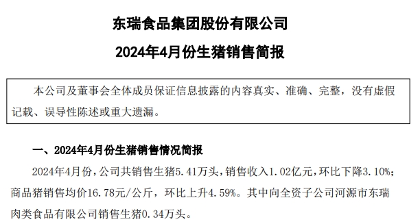 华统、罗牛山、东瑞、正虹和益生2024年4月生猪销售情况