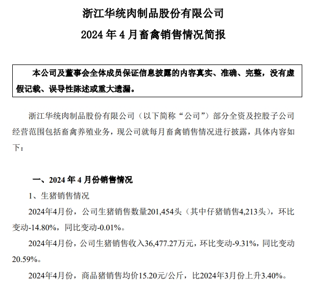 华统、罗牛山、东瑞、正虹和益生2024年4月生猪销售情况